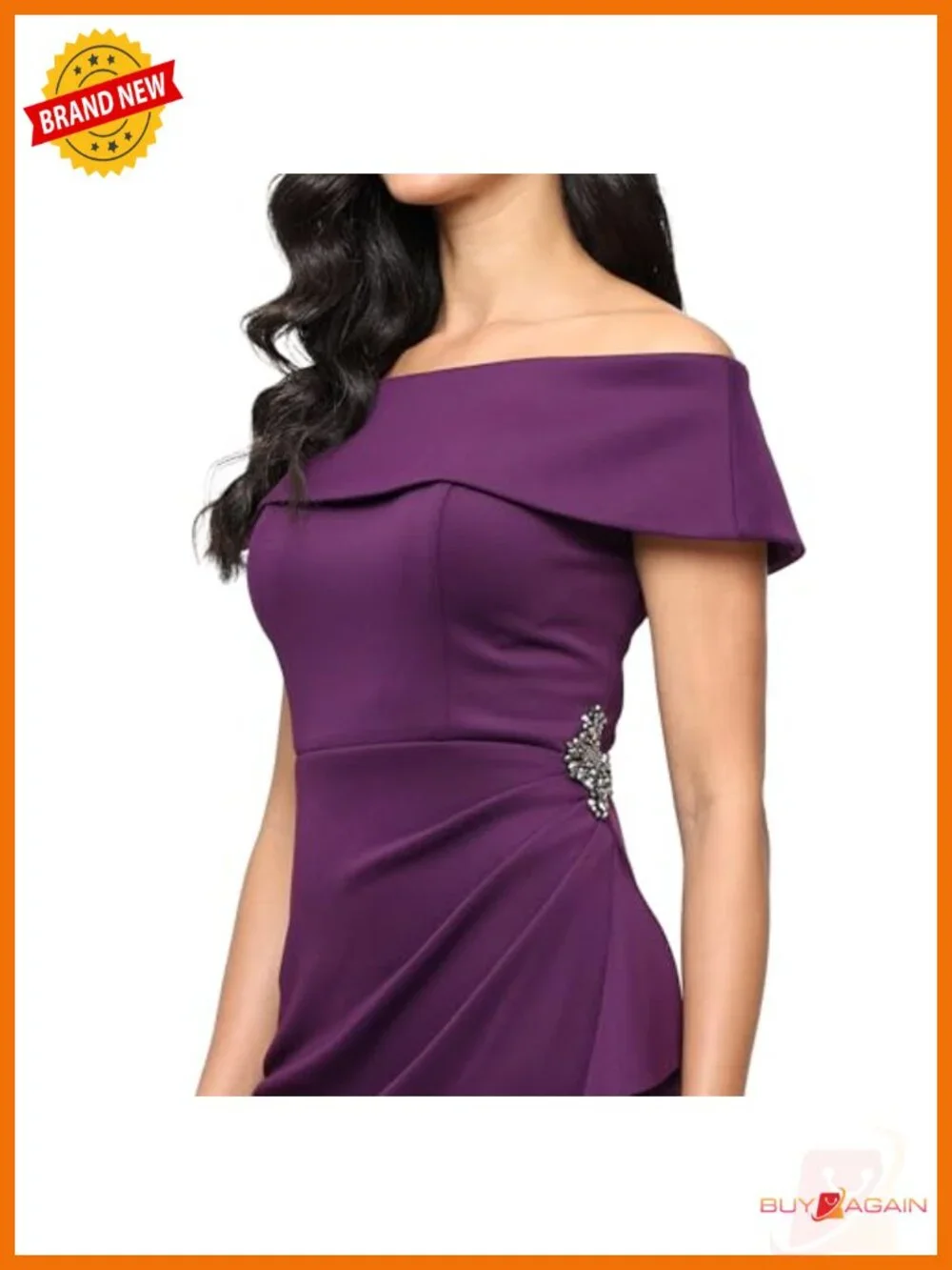 Stretch Scuba Crepe Off Shoulder Formal Sheath Dress Beaded Hip